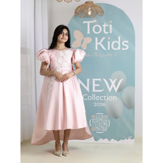 صورة فستان بناتي وردي بأكمام منفوشة وتطريز | فستان هاي لو فاخر - M3751