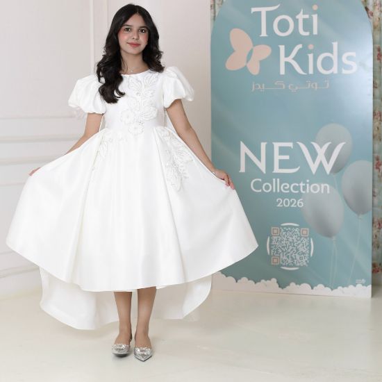 صورة فستان بناتي أبيض بأكمام منفوشة وتطريز | فستان هاي لو فاخر - M3751