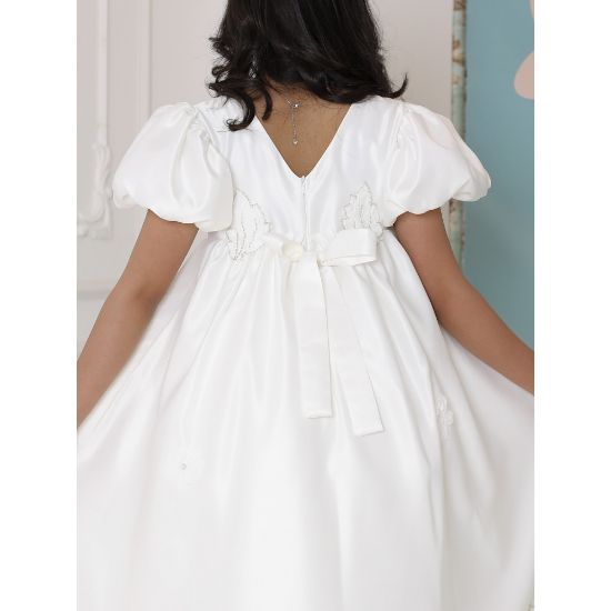 صورة فستان بناتي أبيض بأكمام منفوشة وتطريز | فستان هاي لو فاخر - M3751