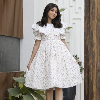 صورة فستان بناتي مورد بطبقات | تصميم زهور الربيع بياقة مرصعة - 1180