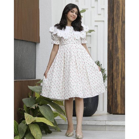 صورة فستان بناتي مورد بطبقات | تصميم زهور الربيع بياقة مرصعة - 1180