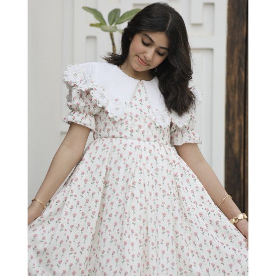 صورة فستان بناتي مورد بطبقات | تصميم زهور الربيع بياقة مرصعة - 1180