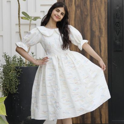 صورة فستان بناتي ملكي مستوحى من المهرجانات | تصميم خطوط ملونة وخصر مرصع - 1144