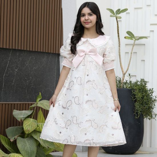 صورة فستان بناتي كلوش بفيونكة وكلفة وردية | تصميم حالم - 1132