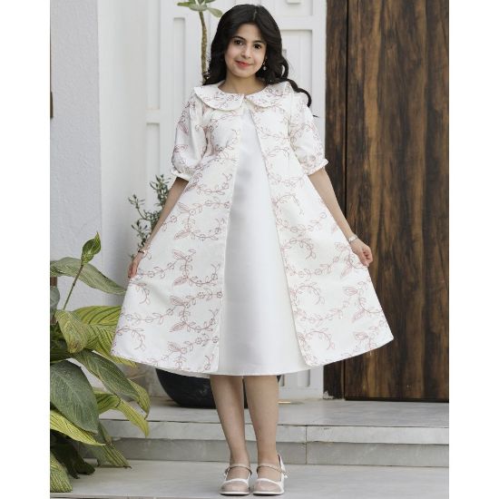 صورة طقم فستان بناتي قطعتين | جاكيت مطرز روز وفستان ميكادو - 1184