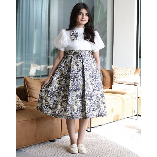 صورة فستان بناتي نمري بفيونكة صدر وأكمام منفوشة - M3719