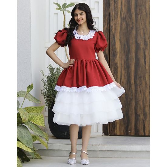 صورة فستان بناتي احمر بكلفة رقبة وطبقات تل | ألوان (عودي، أحمر، ليموني) - 1173