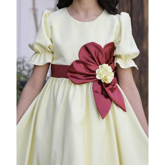 صورة فستان بناتي ليموني بوردة عودية وأكمام كشكشة | ألوان (ليموني، عودي، أحمر) - 916