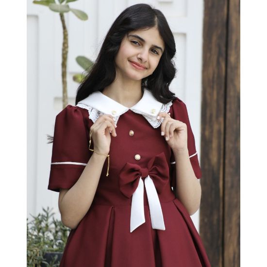 صورة فستان بناتي عودي بفيونكة ذيل وأكمام مميزة | ألوان (عودي, احمر, ليموني) - 1165