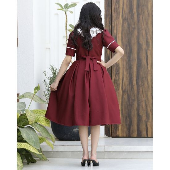 صورة فستان بناتي عودي بفيونكة ذيل وأكمام مميزة | ألوان (عودي, احمر, ليموني) - 1165