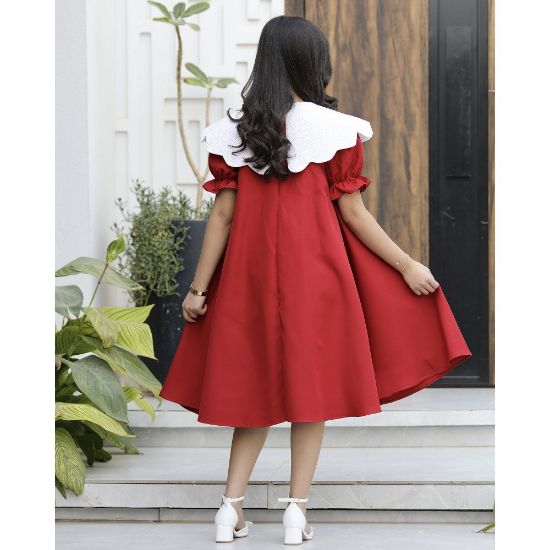 صورة فستان بناتي كلوش واسع بياقة جاكار | ألوان (أحمر، عودي، ليموني) - 1160