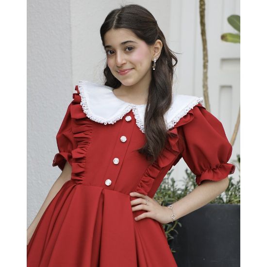 صورة فستان بناتي أحمر بكشكشة جانبية وكلفة بيضاء | ألوان (أحمر، عودي، ليموني) - 1164