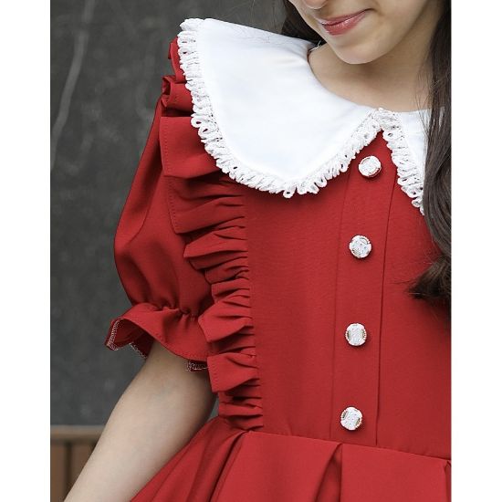 صورة فستان بناتي أحمر بكشكشة جانبية وكلفة بيضاء | ألوان (أحمر، عودي، ليموني) - 1164