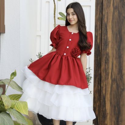 صورة فستان بناتي أحمر بوردة خصر وطبقات تل منفوشة | ألوان (أحمر، عودي، ليموني) - 1171