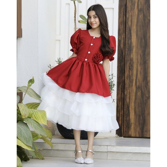 صورة فستان بناتي أحمر بوردة خصر وطبقات تل منفوشة | ألوان (أحمر، عودي، ليموني) - 1171
