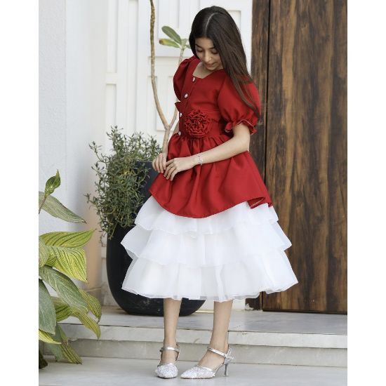 صورة فستان بناتي أحمر بوردة خصر وطبقات تل منفوشة | ألوان (أحمر، عودي، ليموني) - 1171