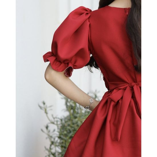 صورة فستان بناتي أحمر بوردة خصر وطبقات تل منفوشة | ألوان (أحمر، عودي، ليموني) - 1171