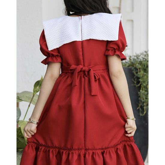 صورة فستان بناتي أحمر بياقة فيونكة ضخمة وكشكشة سفلية | ألوان (أحمر، عودي، ليموني) - 1172