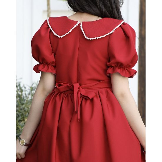 صورة فستان بناتي أحمر بياقة لؤلؤ وفيونكة خصر | ألوان (أحمر، عودي، ليموني) - 1177