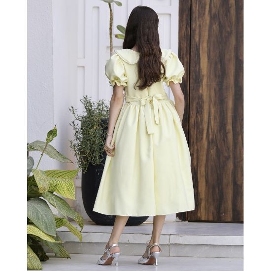 صورة فستان بناتي ليموني بياقة لؤلؤ وفيونكة خصر | ألوان (أحمر، عودي، ليموني) - 1177