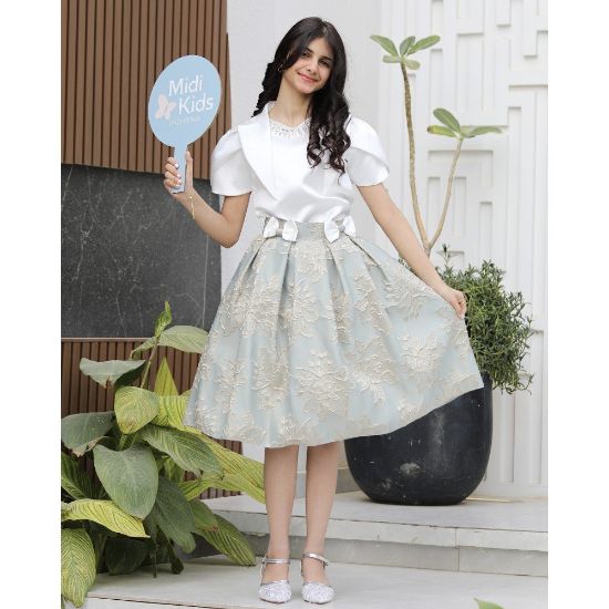 صورة طقم بناتي تيور جاكار بفيونكات وأكمام مبتكرة واكسسوار رقبة - M3794