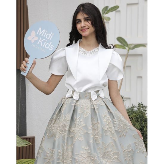 صورة طقم بناتي تيور جاكار بفيونكات وأكمام مبتكرة واكسسوار رقبة - M3794