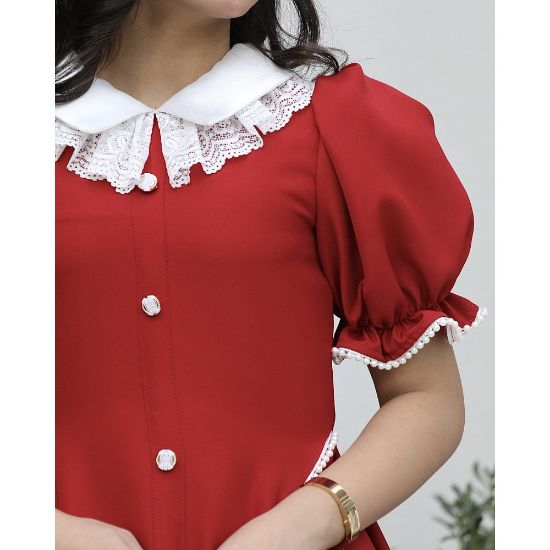 صورة فستان بناتي الأحمر مرصع بالفصوص وأزرار أمامية فاخرة - 1161