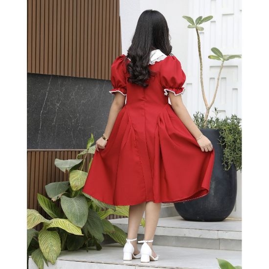 صورة فستان بناتي الأحمر مرصع بالفصوص وأزرار أمامية فاخرة - 1161