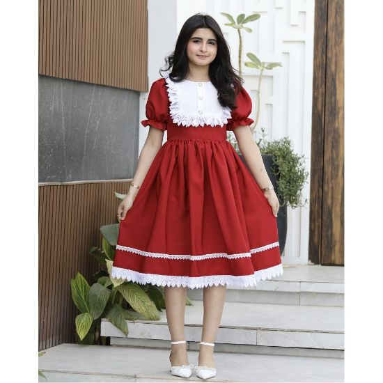 صورة فستان بناتي أحمر بكلفة جبير ملكية | ألوان (أحمر، عودي) - 1168