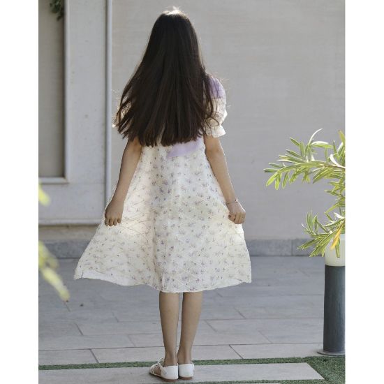 صورة فستان بناتي مشجر موف بفيونكة كتف وإكسسوار رقبة فاخر - M3814