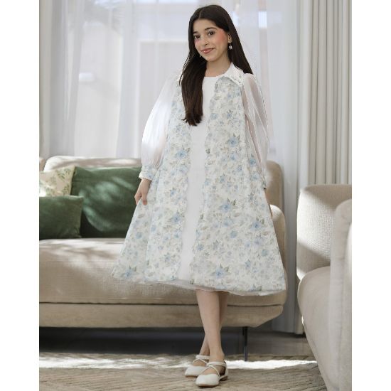 صورة طقم بناتي فستان وجاكيت مشجر سماوي بأكمام شفافة واكسسوار رقبة - M3825