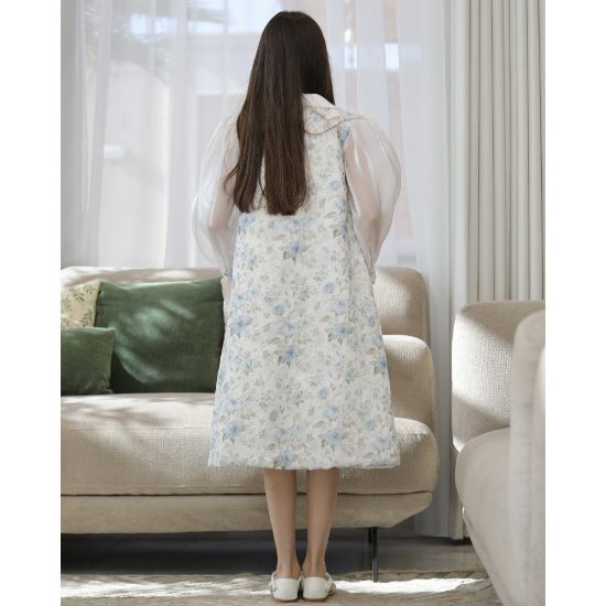 صورة طقم بناتي فستان وجاكيت مشجر سماوي بأكمام شفافة واكسسوار رقبة - M3825