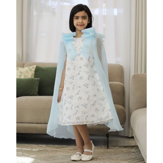 صورة فستان بناتي سماوي مشجر بفيونكات فراشة وذيل طويل | تصميم ملكي - 1198