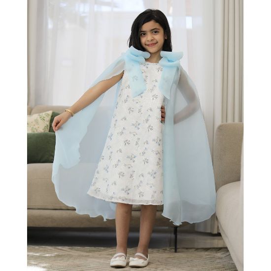 صورة فستان بناتي سماوي مشجر بفيونكات فراشة وذيل طويل | تصميم ملكي - 1198