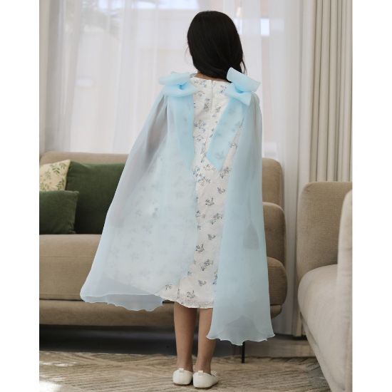 صورة فستان بناتي سماوي مشجر بفيونكات فراشة وذيل طويل | تصميم ملكي - 1198