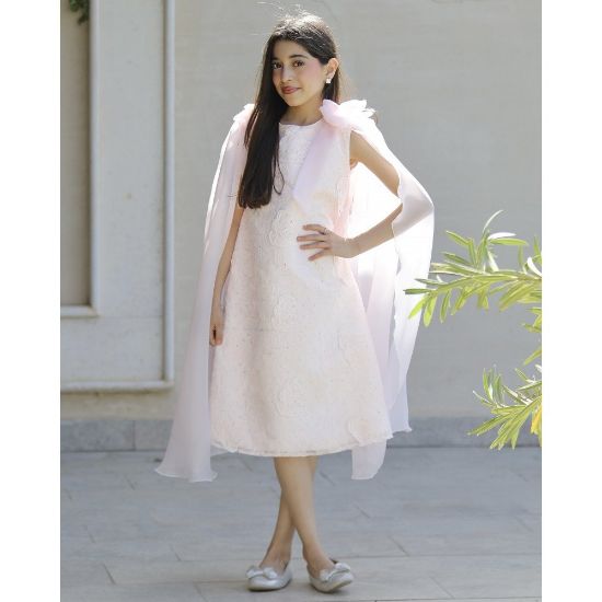 صورة فستان بناتي مطرز ورود كبيرة وفيونكات فراشة وردية | تصميم ملكي - 1201