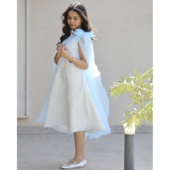 صورة فستان بناتي مطرز ورود كبيرة وفيونكات فراشة سماويه | تصميم ملكي - 1201