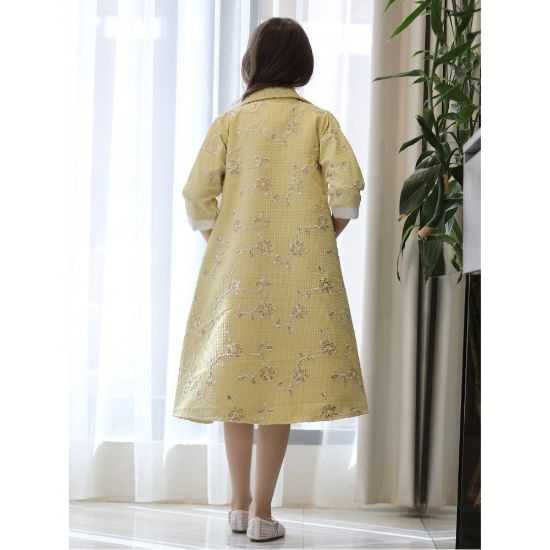 صورة طقم بناتي فستان وجاكيت مشجر أصفر بجيبين خارجية | تصميم رسمي - 1193