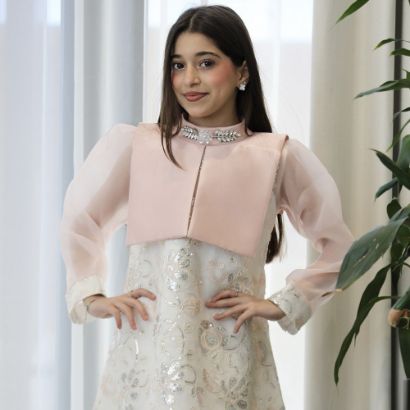 صورة فستان بناتي لحمي مطرز فضي بأكمام شفافة واكسسوار رقبة - 1204