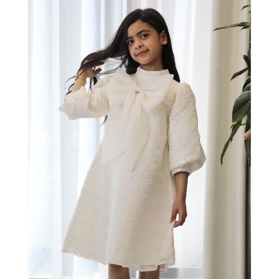 صورة فستان بناتي سكري مطرز بنقشات مشجرة وفيونكة صدر ضخمة - 1131