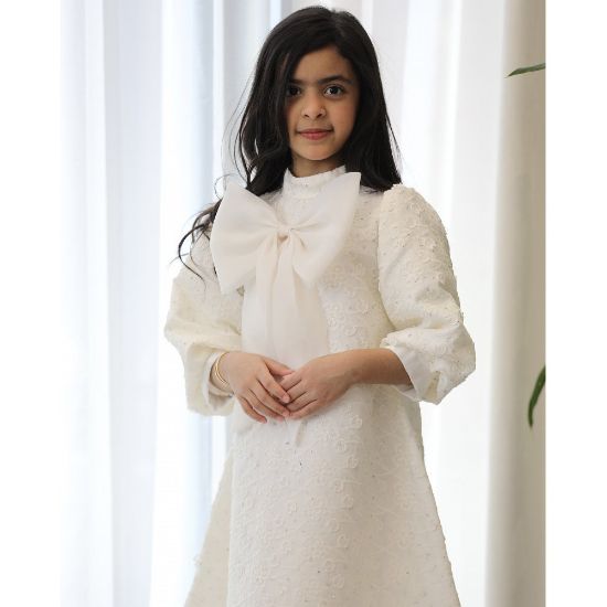 صورة فستان بناتي سكري مطرز بنقشات مشجرة وفيونكة صدر ضخمة - 1131