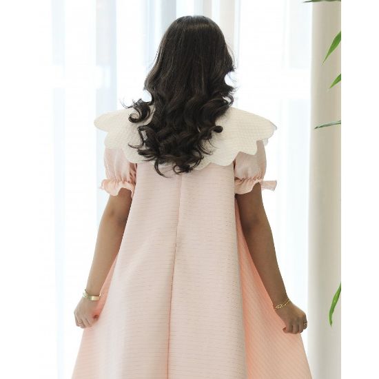 صورة فستان بناتي مخطط بتصميم خصر مفتوح ودلعة بيضاء راقية - 1226