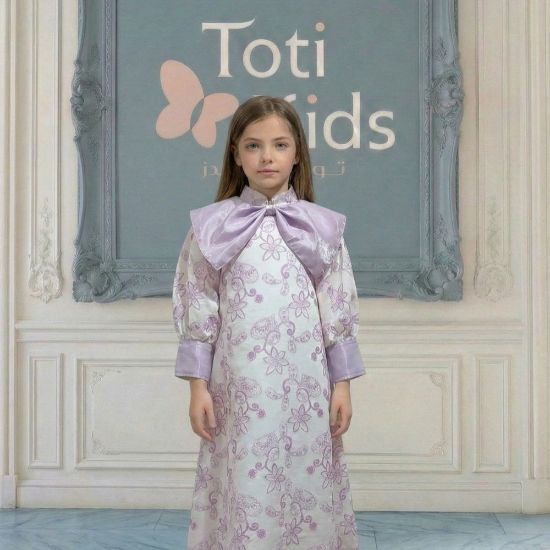 صورة فستان بناتي بنفسجي مشجر بدلعة وأكمام شفافة - 1134