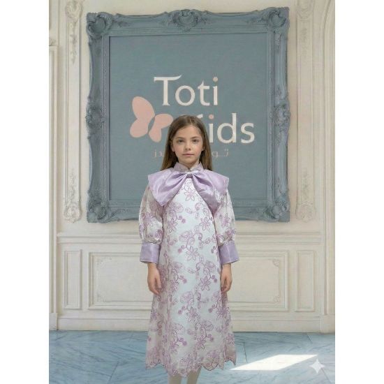 صورة فستان بناتي بنفسجي مشجر بدلعة وأكمام شفافة - 1134