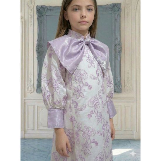 صورة فستان بناتي بنفسجي مشجر بدلعة وأكمام شفافة - 1134