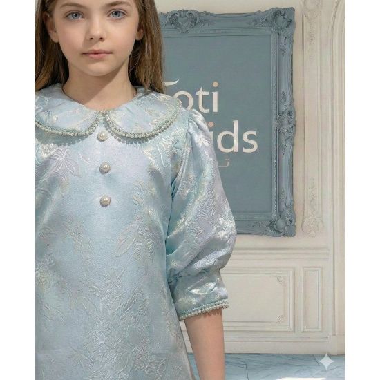 صورة فستان بناتي سماوي مشجر بياقة منسدلة لؤلؤ وكسرات فاخرة - 1145