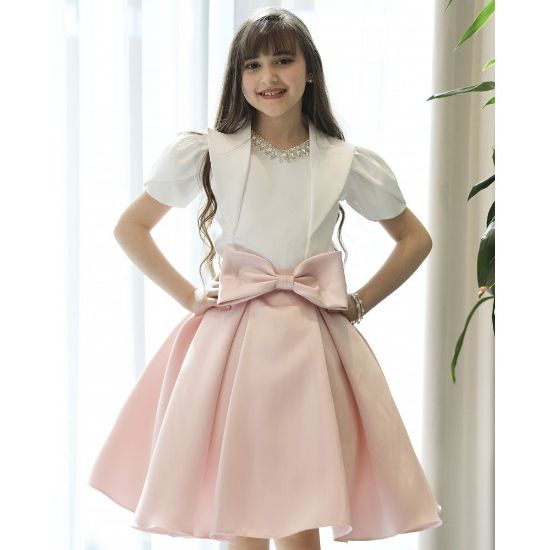 صورة طقم بناتي تيور لحمي بفيونكة خصر وبلوزة مرصعة باكسسوار - M3807