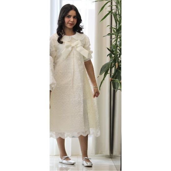 صورة فستان بناتي سكري بفيونكة صدر وكلفة جبير | تصميم كلوش كسرات - 1208