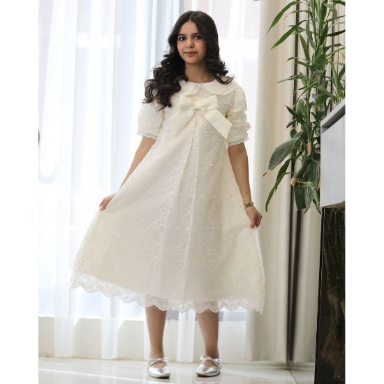 صورة فستان بناتي سكري بفيونكة صدر وكلفة جبير | تصميم كلوش كسرات - 1208