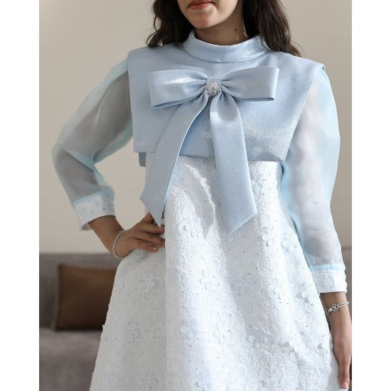 صورة فستان بناتي سماوي مطرز تشجيرة ودلعه بفيونكة رقبة وقصة نص كلوش - 1199